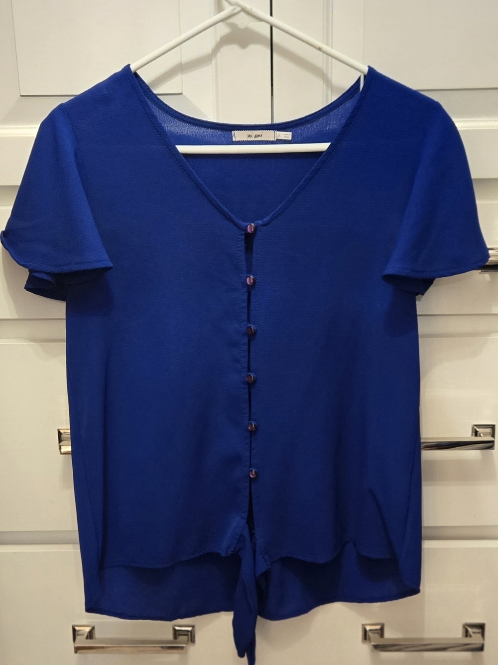 Mi Ami Royal Blue Short-Sleeve Button Front Tie-Hem Top Size Small